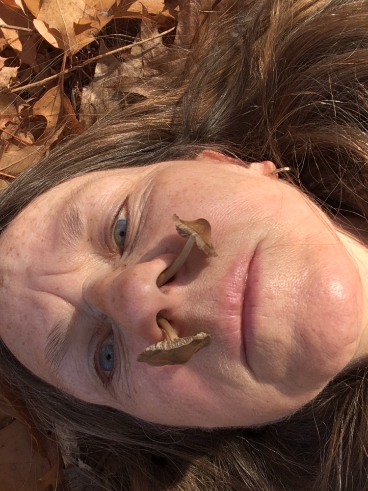 Face up in autumn leaves with mushrooms up nose - a surreal image that intends to imply interconnectedness of body and world